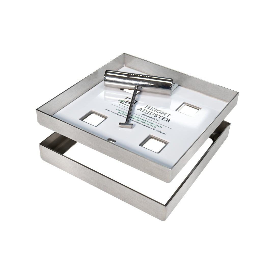 HIDE Access Cover hardware showing frame, infill tray, height adjuster and safety key