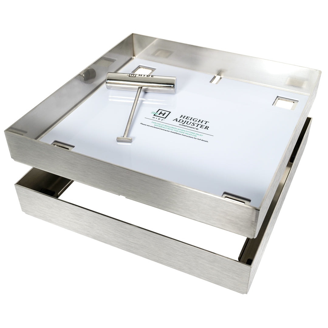 Skimmer and Access Cover hardware showing infill tray, outer frame and safety key