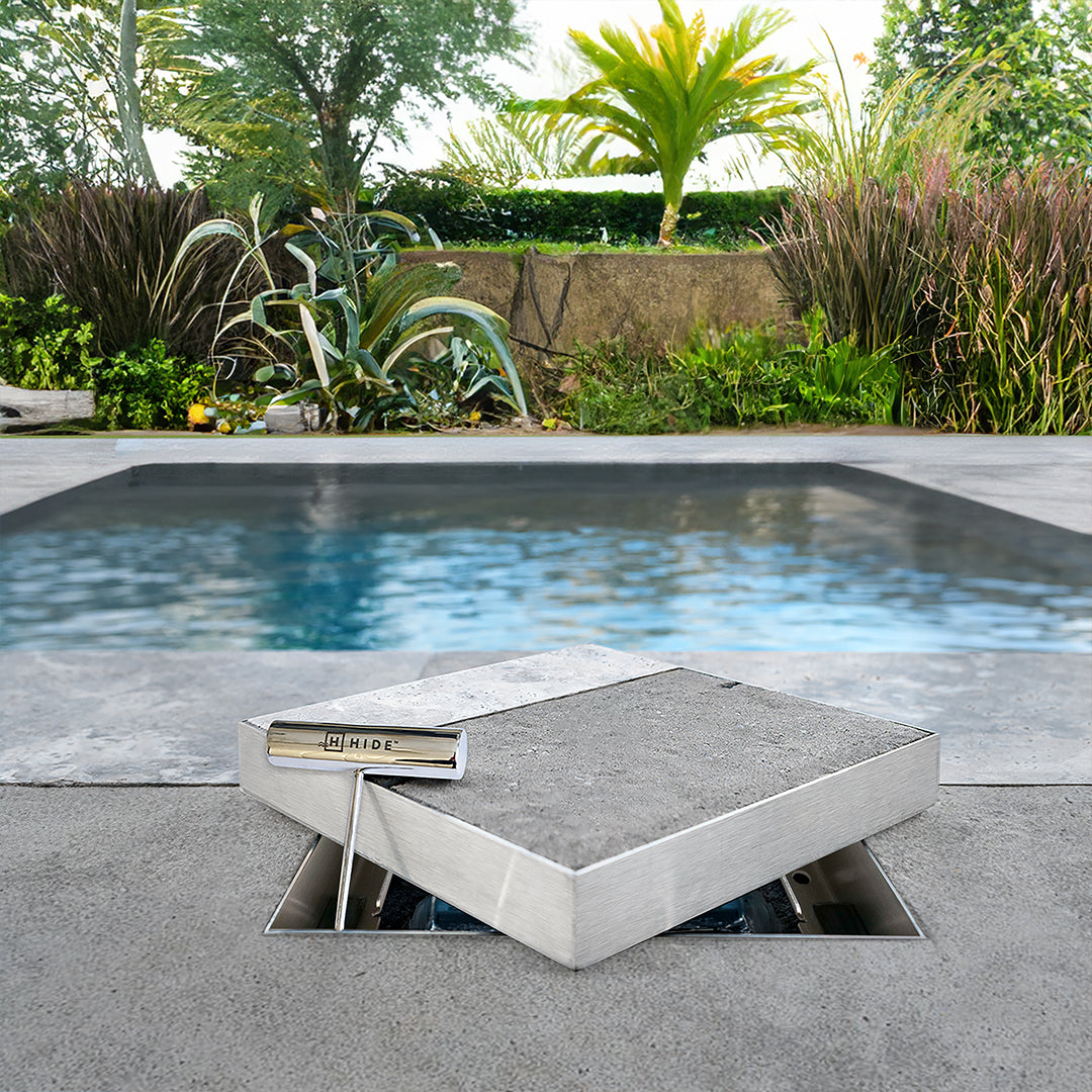 HIDE Concrete Skimmer Cover showing stainless steel safety key opener